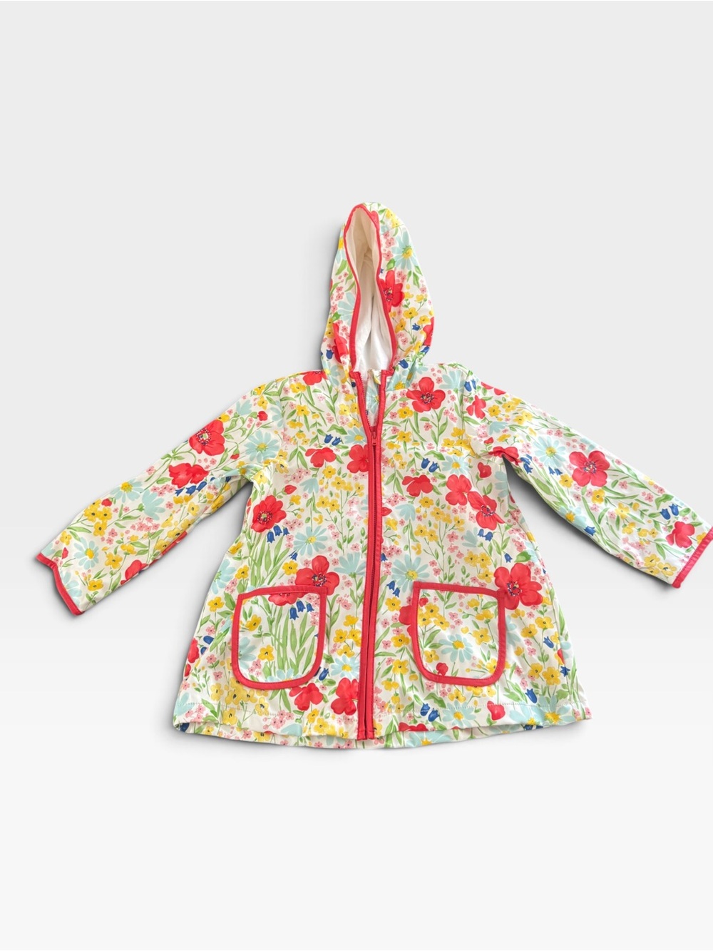 Little Me White Floral Hooded Raincoat with Red Trim, 4T